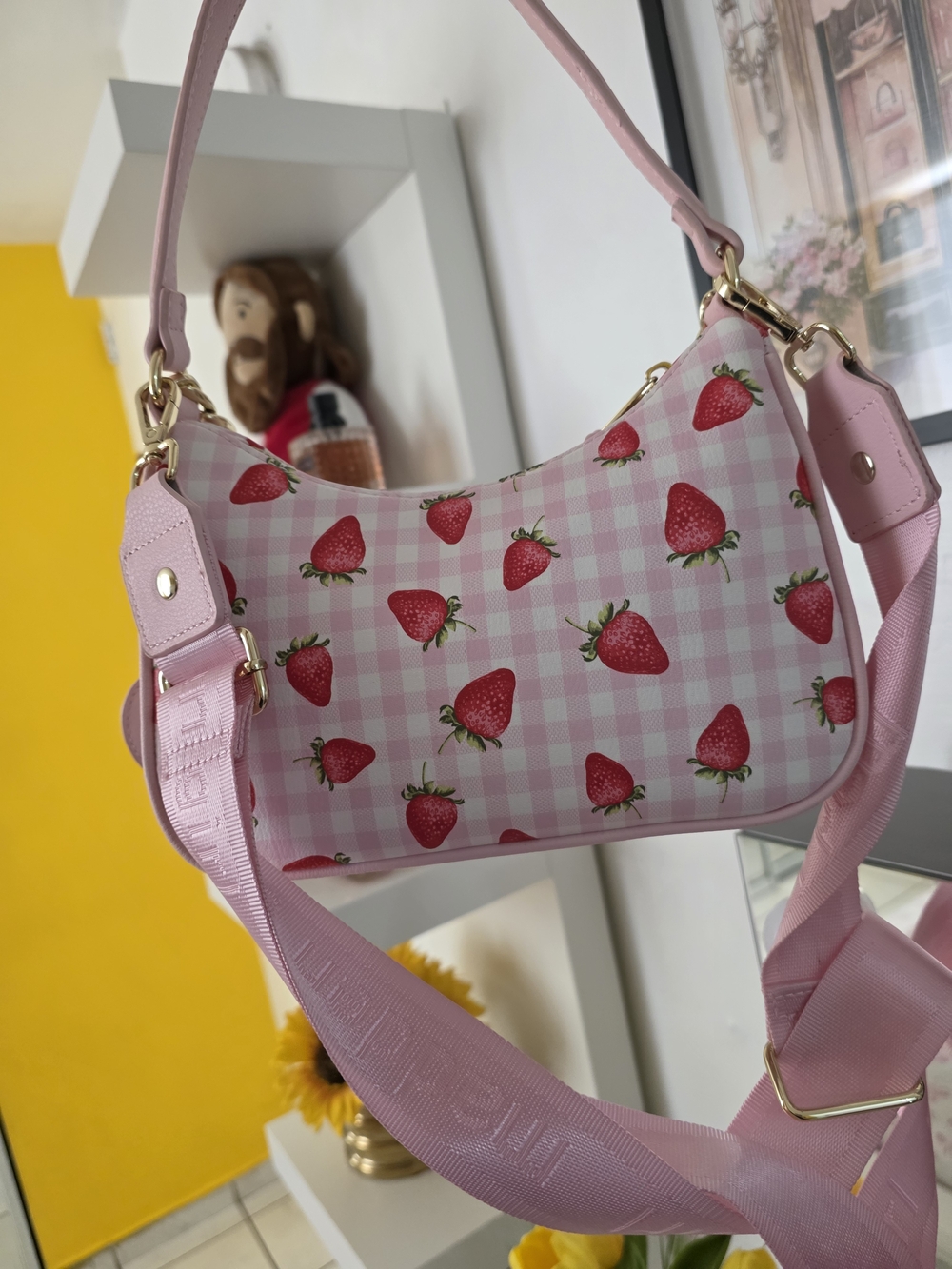 Madden Girl Pink Strawberry Gingham Shoulder Bag